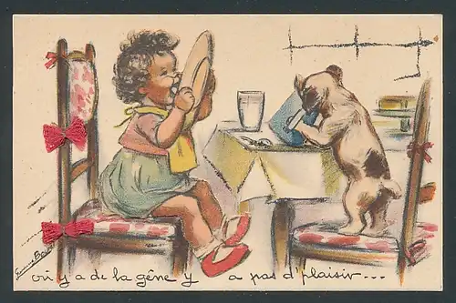 Künstler-AK Germaine Bouret: Mädchen und Hund macht das Essen Spass, Figuren aufgeklebt