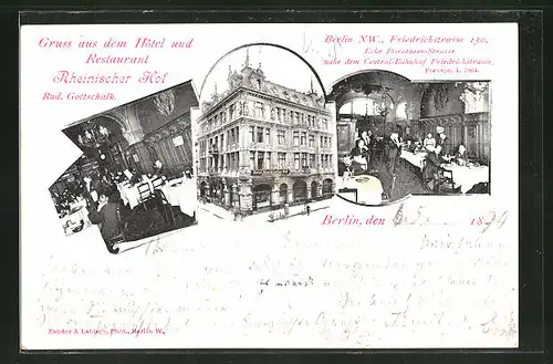 AK Berlin, Hotel und Restaurant Rheinischer Hof von Rud. Gottschalk in der Friedrichstrasse 150, Innenansichten