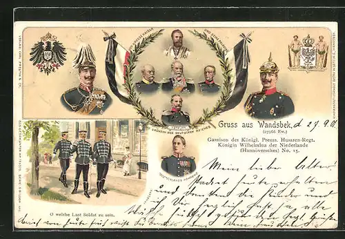 Lithographie Hamburg-Wandsbek, Kaiser Wilhelm I. im Portrait, grosser Kaiser und seine Paladine