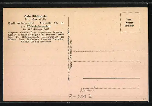 AK Berlin-Wilmersdorf, Cafe Rüdesheim, verschiedene Ansichten, Ahrweilerstrasse 31