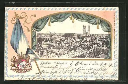 Passepartout-Lithographie München, Blick über die Stadt, Wappen
