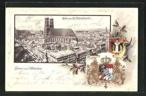 Passepartout-Lithographie München, Blick vom St. Petersturm, Wappen