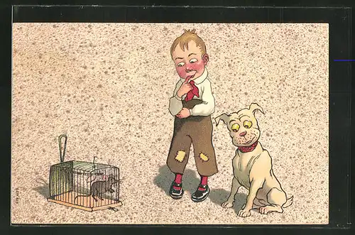 AK Bub und Hund beobachten Ratte in Falle