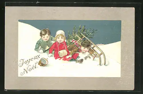 Präge-AK Joyeux Noel, lustige Kinder mit Schlitten