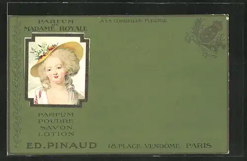 Präge-AK Paris, Reklame für Parfum de Madame Royale Ed. Pinaud, 18 Place Vendôme