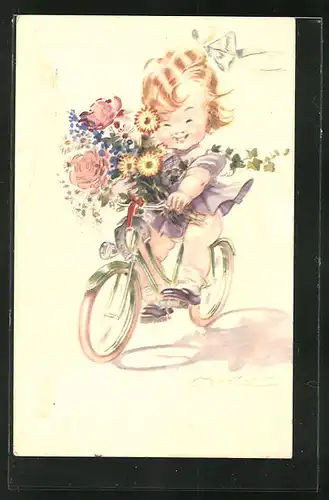 Künstler-AK Mauzan: Mädchen mit Blumenstrauss fährt Fahrrad