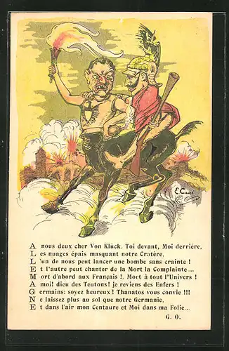 Künstler-AK sign. E. Causé: Allemagne, Kaiser Wilhelm II. reitet wütenden Zentaur, Karikatur