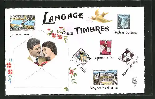 AK Langage des Timbres, Liebespaar in einem Brief, Je vous aime, Je pense à toi, Mon coeur est à toi, Briefmarkensprache