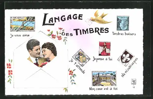 AK Langage des Timbres, Liebespaar in einem Brief, Je vous aime, Je pense à toi, Mon coeur est à toi, Briefmarkensprache