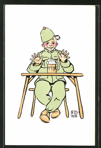 Künstler-AK sign. H. Lotan: schweizer Soldat mit Bier, Karikatur