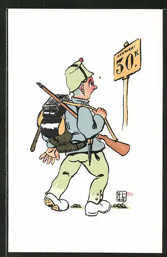 Künstler-AK sign. H. Lotan: schweizer Infanterist, Soldatenhumor