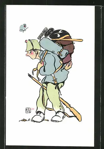 Künstler-AK sign. H. Lotan: schweizer Soldat mit Marschgepäck, Soldatenhumor