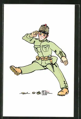 Künstler-AK sign. H. Lotan: komischer schweizer Soldat, Scherz