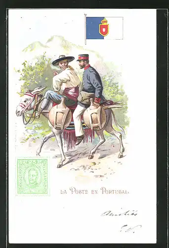 Lithographie La Poste en Portugal, Briefträger aus Portugal auf Maultier