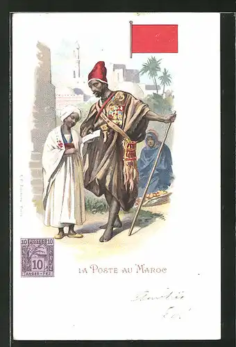 Lithographie La Poste au Maroc, marokkanischer Briefträger