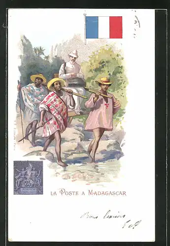 Lithographie La Poste en Madagascar, Briefträger in Sänfte auf Madagaskar