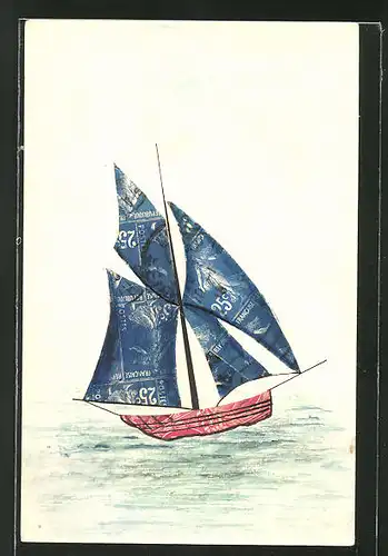 AK Segelboot auf hoher See, Briefmarkencollage