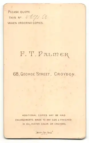 Fotografie F. T. Palmer, Croydon, Portrait Frau mit zusammengebundenem Haar