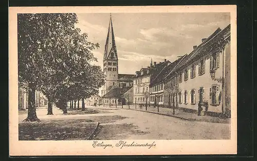 AK Ettlingen, Pforzheimerstrasse mit Kirche