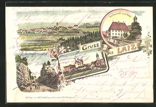 Lithographie Laiz, Eingang ins Donauthal, Wirtschaft zum Adler, Brauerei Laiz, Ortsansicht