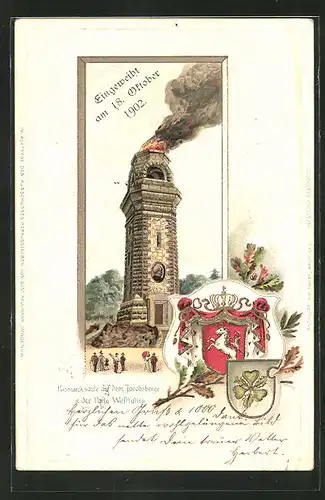 Passepartout-Lithographie Porta Westfalica, Bismarcksäule auf dem Jacobsberge mit Wappen