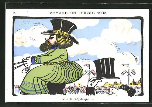 Künstler-AK "Voyage en Russie 1902", Der kleine Präsident Loubet zieht grüssend den Hut, Karikatur