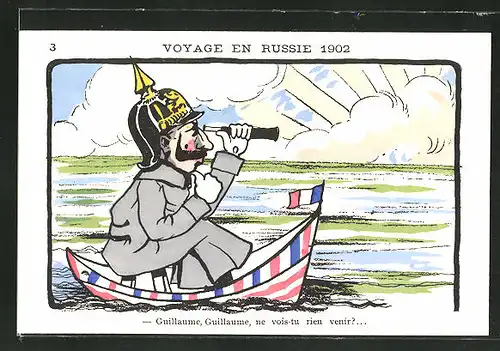 Künstler-AK "Voyage en Russie 1902", Karikatur von Kaiser Wilhelm II.