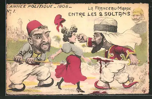 Künstler-AK sign. Mille: "Entre les 2 Sultans", Sultan von Marokko Abd al-Aziz und Mulai Abd al-Hafiz