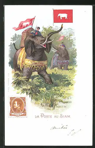 AK Siam, Briefe werden mit Elefanten transportiert, Briefmarke