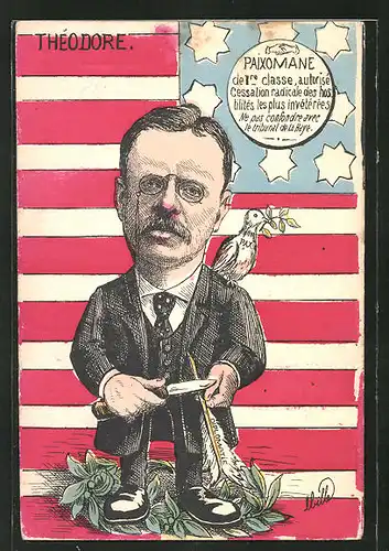 Künstler-AK sign.Mille: Théodore Roosevelt, Präsident der USA mit Messer und Federkiel, Friedenstaube auf der Schulter
