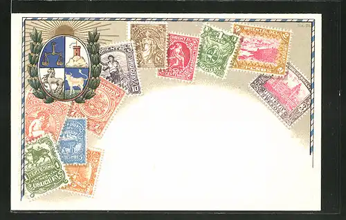 Präge-AK Uruguay, Briefmarken und Wappen des Landes