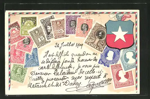 Präge-AK Chile, Briefmarken und Wappen des Landes