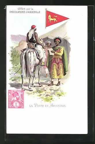 Lithographie La Poste en Abyssinie, äthiopischer Briefträger zu Pferd