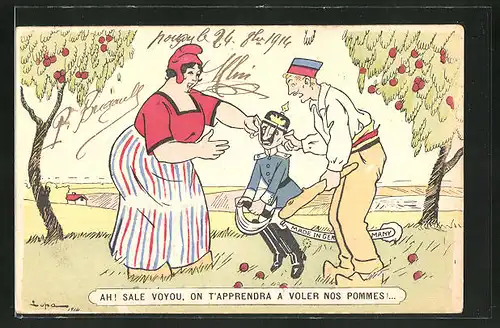 AK Ah! Sale voyou! On t'Appendra..., Niederländisches Paar kneift Kaiser Wilhelm II. in die Wangen, Propaganda Entente