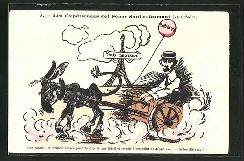 AK Les Expériences de Senor Santos-Dumont, Santos-Dumont fährt in einer Eselskutsche, Karikatur