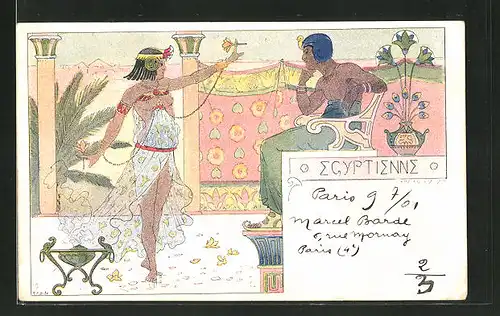Künstler-AK Ernest Lessieux: Egyptienne, halbnackte Ägypterin tanzt für ihren König, Jugendstil