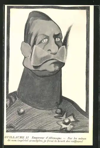 Künstler-AK Karikatur von Kaiser Wilhelm II. mit Bartbinde