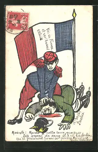 AK Propaganda Entente, Franzose drückt Kaiser Wilhelm II. in den Dreck
