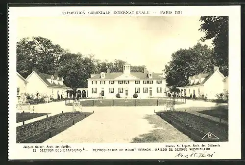 AK Paris, Exposition coloniale internationale 1931, Section des Etats Unis, Reproduction de Mount Vernon
