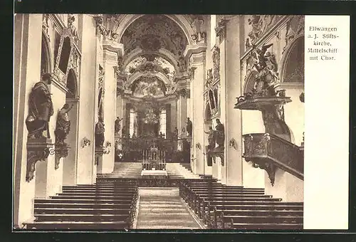 AK Ellwangen a. J., Stiftskirche, Mittelschiff mit Chor, Innenansicht