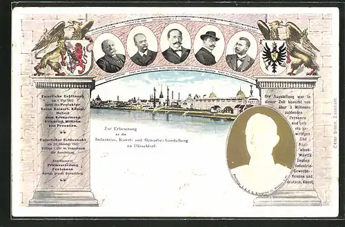AK Düsseldorf, Industrie-, Kunst- und Gewerbe-Ausstellung 1902, Ausstellungsgelände vom Rhein aus, Wappen