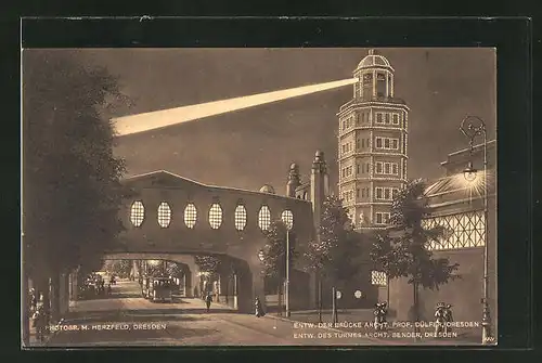 AK Dresden, Internationale Hygiene-Ausstellung 1911, Überbrückung der Lennéstrasse mit Aussichtsturm