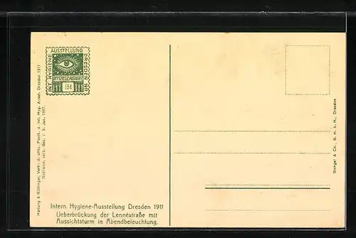 AK Dresden, Internationale Hygiene-Ausstellung 1911, Überbrückung der Lennéstrasse mit Aussichtsturm