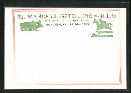 AK München, 43. Wanderausstellung der D. L. G. mit Reit- und Fahrturnier 1955, Rind und Springreiter