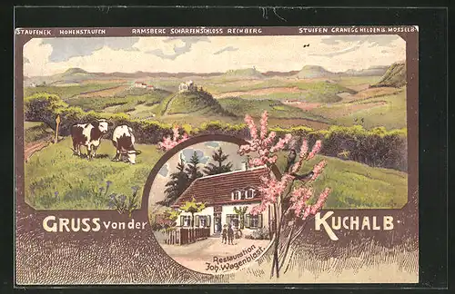 AK Donzdorf, Gasthaus Kuchalb, Blick auf Hohenstaufen, Rechberg und Ramsberg