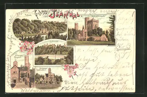 Lithographie Pullach, Blick auf Burg Schwaneck mit Burghof, Grünwald und Ebenhausen Fischerschlössl