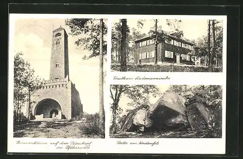 AK Bad Dürkheim, Gasthof Forsthaus Lindemannsruhe, Bismarckturm auf dem Peterskopf, Partie am Heidenfels