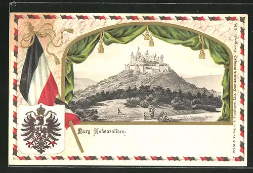 Präge-Passepartout-Lithographie Burg Hohenzollern mit Fahne und Wappen