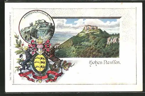 Passepartout-Lithographie Nürtingen, Aussichtsplatte, Pulverturm & Brunnen, Blick zur Hohen Neuffen mit Wappen