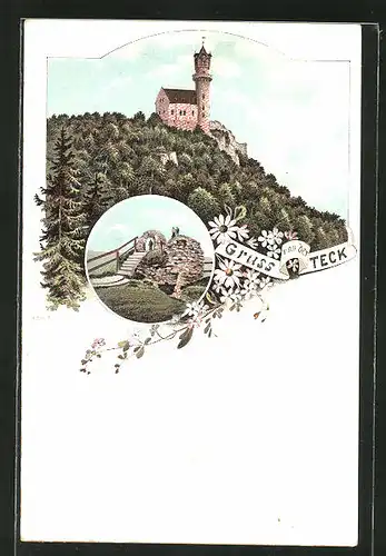 Lithographie Owen, Blick zur Burg Teck